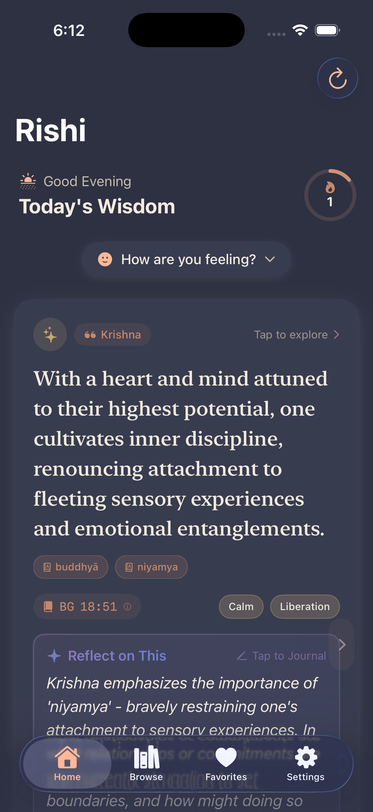 Rishi App in Dark Mode with streak tracking